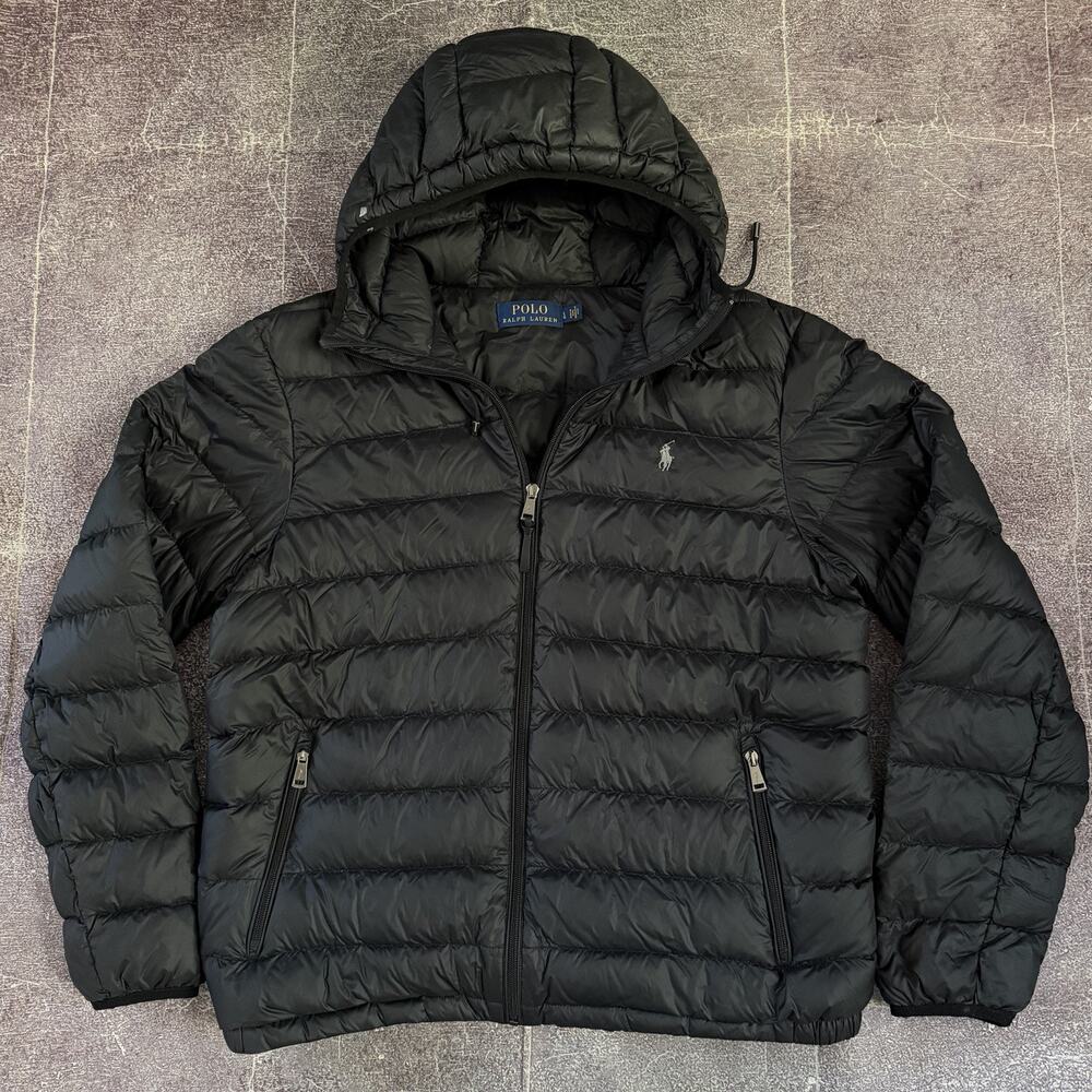 Men's Polo Ralph Lauren The Colden Black Duck Down Zip Hooded Puffer Jacket Sz L